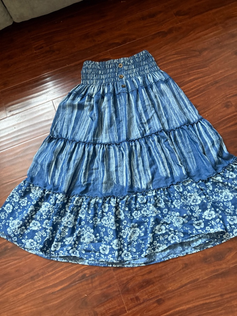 Indigo & lace Boho Tiered Blue Floral Maxi Skirt